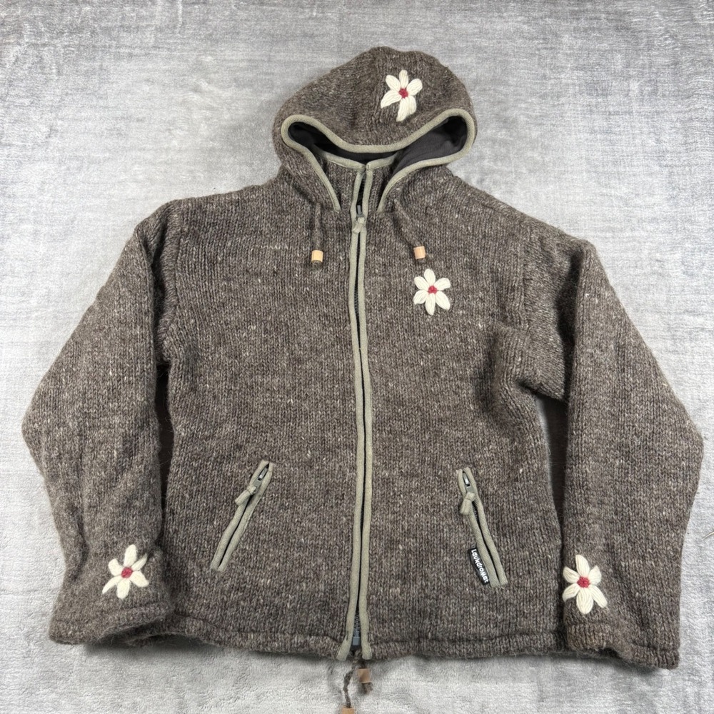Laundromat Jacket Women Large Brown Floral Wool Hoodie Fleece Lined Boho